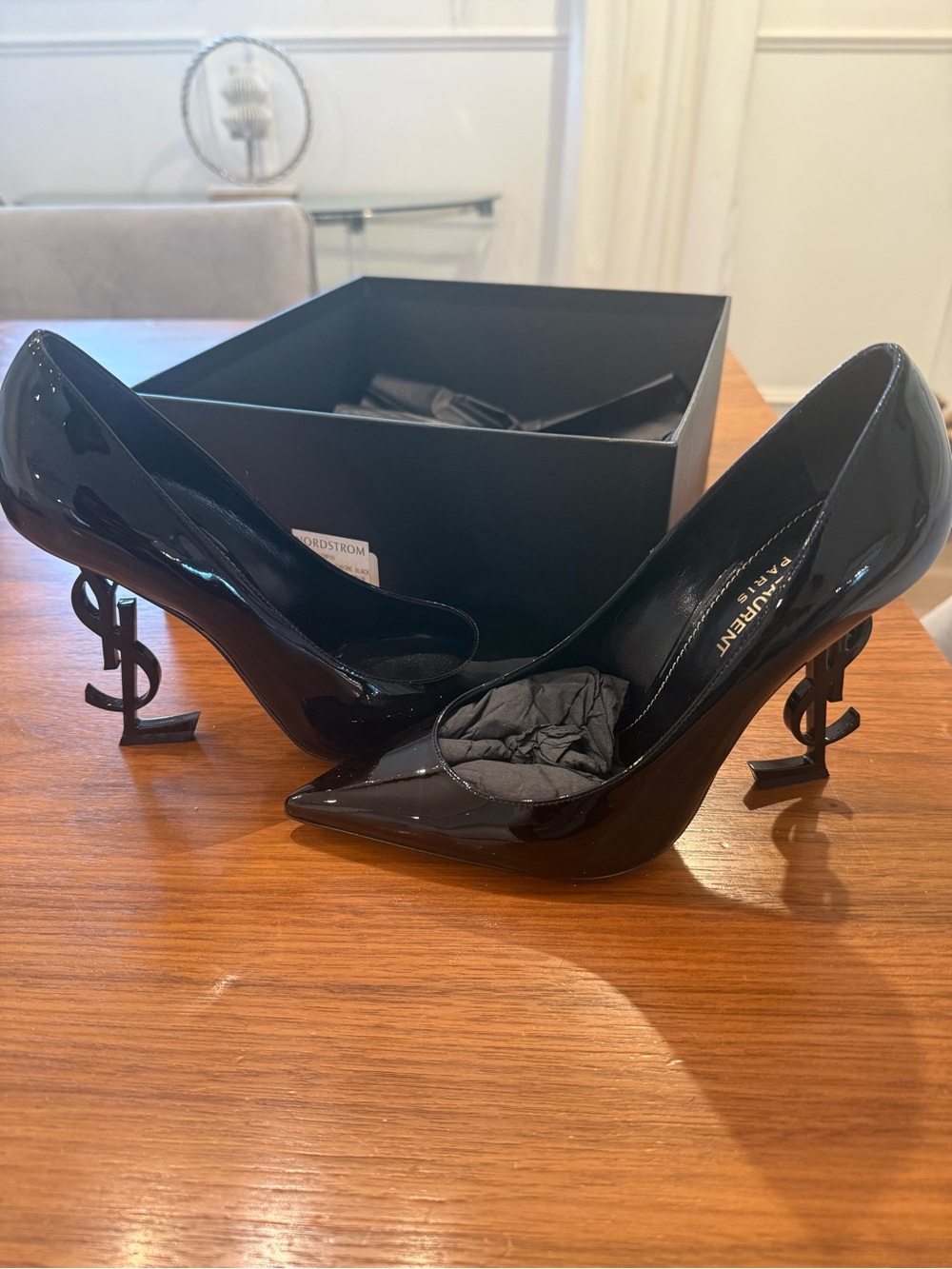 Saint Laurent Black Patent Opyum Logo Heel Pointed Pumps